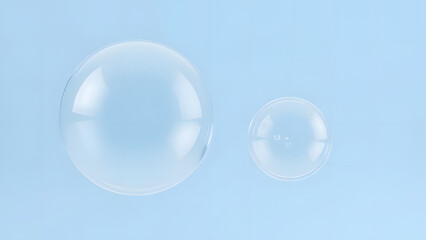 Shiny transparent soap bubbles floating on a blue background