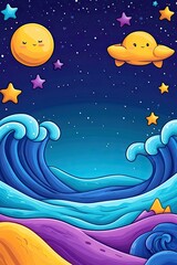 Cartoon night sky with a moon, a cloud and crashing waves on the sea.
