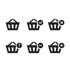 Shopping carts icon set collection, add, remove, cancel, delete, warning, simple ecommence order flat design for app, ui, ux, web, button, interface vector isolated on white background