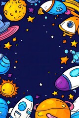 Cartoon space border with rockets, planets, and stars.