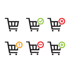 Shopping Carts icon set collection (add, remove, cancel, delete, warning) flat design for app, ui, ux, web, button, interface vector isolated on white background