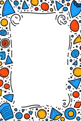 Colorful abstract doodle frame with blue, orange and yellow shapes on white background.