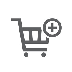 Black single add to cart icon, simple shopping cart with addition mark flat design vector pictogram, interface elements for app logo web button ui ux isolated on white background