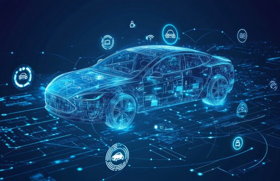 Digital Electric Car Design with Tech Icons - Powered by Adobe