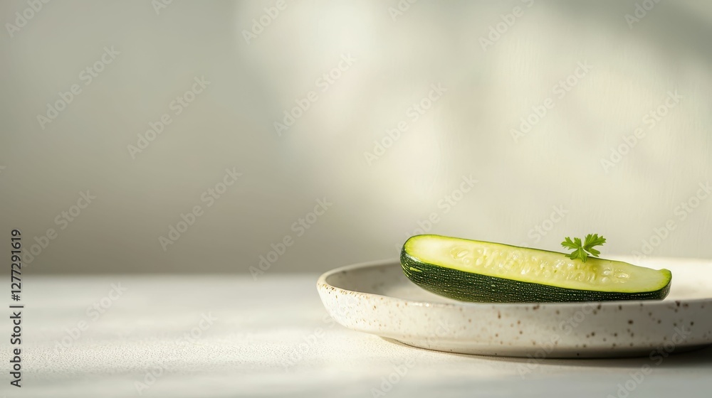 Poster fresh green cucumber slice on a simple plate with soft lighting