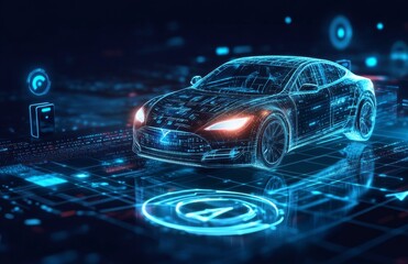 Futuristic electric car, digital interface, technology background, conceptual image