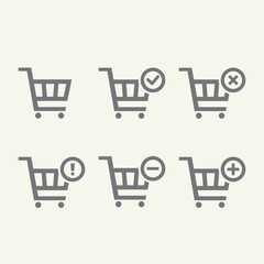 Shopping carts icon set collection, add, remove, cancel, delete, warning, simple ecommence order flat design for app, ui, ux, web, button, interface vector isolated on white background