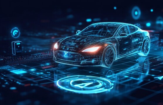 Futuristic electric car, digital interface, technology background, conceptual image