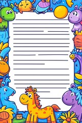 Fototapeta premium Colorful cartoon animals frame a blank lined page, perfect for letters, notes, or journaling.