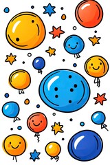 Naklejka premium Colorful cartoon balloons with stars and dots on a white background.