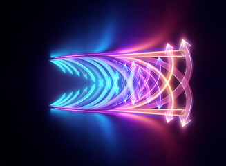 Abstract futuristic design with neon glowing lines in blue, purple, and orange against a dark backdrop. Curved and geometric shapes create a dynamic and modern visual.