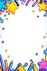 Obraz premium Colorful cartoon frame of pencils, crayons, stars and other art supplies, on a light blue background, with space for text.