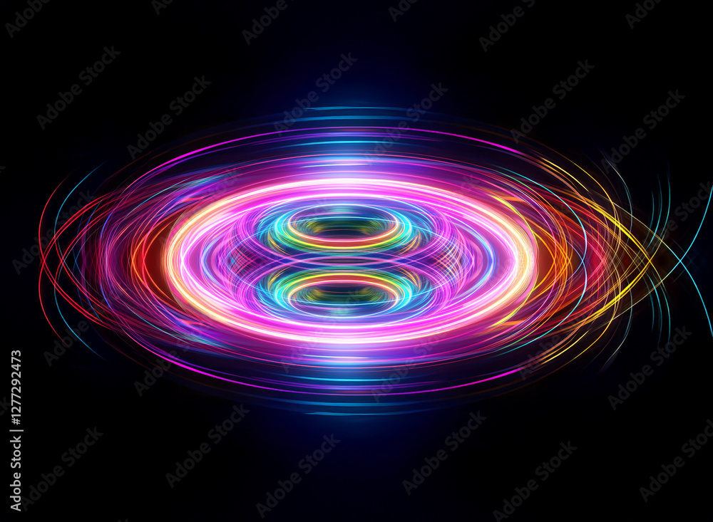 Poster abstract luminous light streaks in oval formation over a black backdrop, creating a vivid and energe