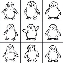 Naklejka premium Penguin Squad: A delightful illustration featuring a grid of adorable penguins, each with a unique pose and expression, showcasing the playful charm of these endearing creatures.