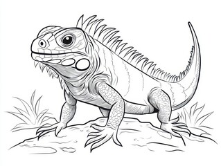 Fototapeta premium Iguana Line Art: Detailed black and white line art of an iguana on a rock, ready for coloring or artistic projects.