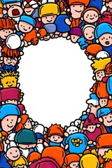 Fototapeta premium Colorful cartoon people forming a circle frame with white space in the center.