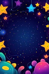 Fototapeta premium Colorful cartoon stars and swirls on a dark blue background.