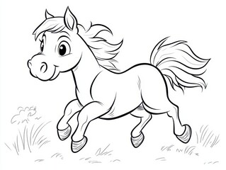 Whimsical Pony Galloping: A charming illustration of a pony joyfully galloping, captured in a playful cartoon style, ideal for children's content or designs evoking a sense of freedom and fantasy.