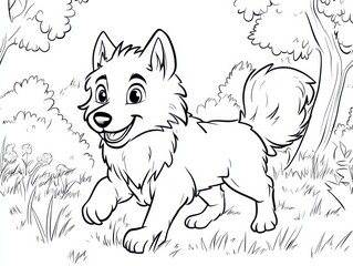Naklejka premium A Playful Canine: A charming outline drawing of a happy, fluffy dog in a playful pose, set against a backdrop of simple trees and foliage.