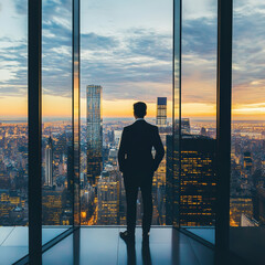 Fototapeta premium Businessman overlooking city skyline at sunset modern office environment inspirational viewpoint urban concept