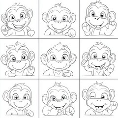 Charming Monkey Expressions: A delightful grid of adorable monkeys showcasing various expressions, from playful smiles to inquisitive glances. Perfect for adding a touch of fun to any project.