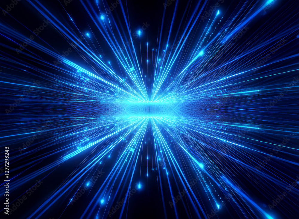 Poster blue light rays burst from a central source, creating a digital energy flow. abstract lines speed to