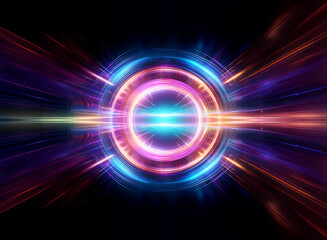 A vibrant circular light portal bursts with energy, radiating blue, purple, and orange beams on a dark backdrop. Abstract and dynamic design.