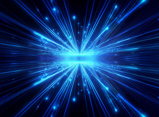 Blue light rays burst from a central source, creating a digital energy flow. Abstract lines speed towards a bright focal point on a dark backdrop.