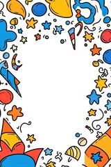 Colorful doodle frame with stars, balloons, and confetti for birthday, party, celebration, and more.