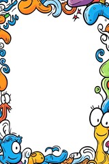 Colorful doodle frame with whimsical creatures and abstract shapes.