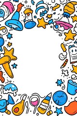 Colorful doodle frame with various objects and stars.