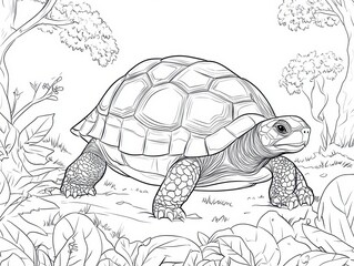Fototapeta premium Giant Tortoise in Habitat: A detailed illustration of a giant tortoise, showcasing its textured shell and sturdy legs, navigating its natural environment.