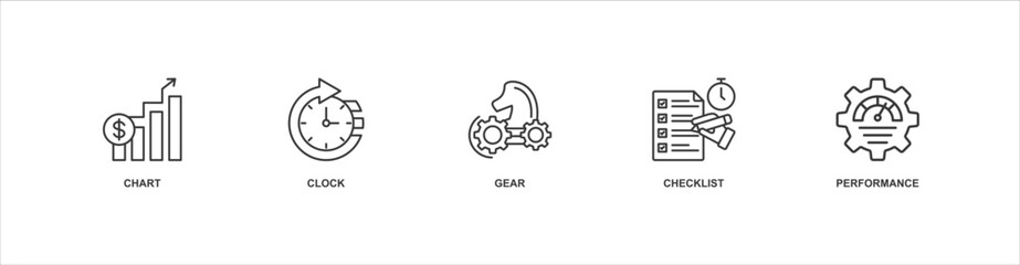 productivity metrics banner web icon sheet vector illustration concept with icon of chart, clock, gear, checklist, performance