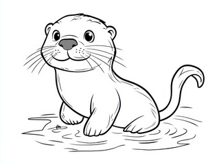 Fototapeta premium Smiling Otter Cartoon: A charming black and white cartoon of an adorable otter, radiating joy and playfulness, rendered in a simple.