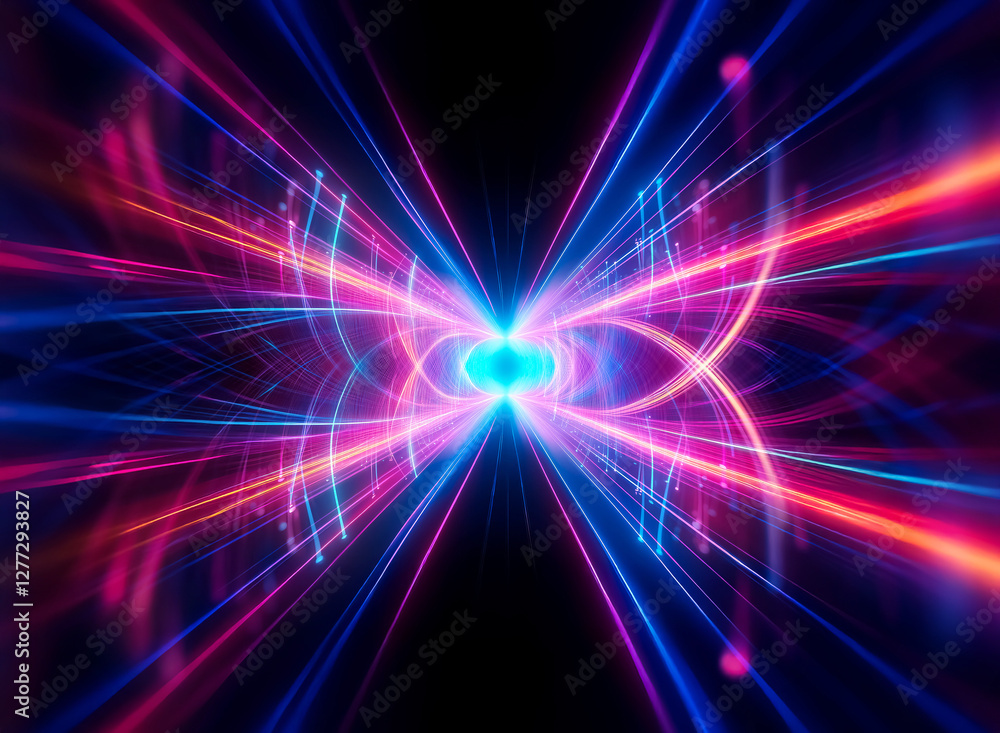Aufkleber abstract glowing lines in pink and blue converge towards a central bright point on a dark backdrop, 