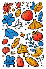 Obraz premium Colorful hand-drawn autumn elements with leaves, berries, mushrooms, and a pumpkin.