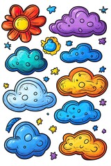 Colorful hand-drawn cartoon clouds, stars and a flower, isolated on white background.