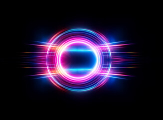 Vibrant glowing circle with neon colors of blue, pink, and orange on a black backdrop. Abstract light effect with a futuristic and energetic feel.