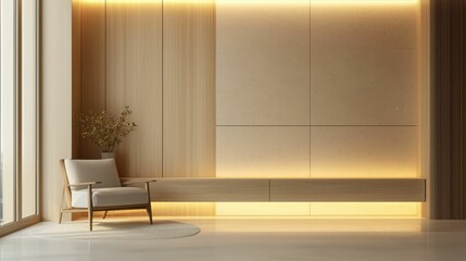 Modern Minimalist Living Room with Warm Lighting and Neutral Tones