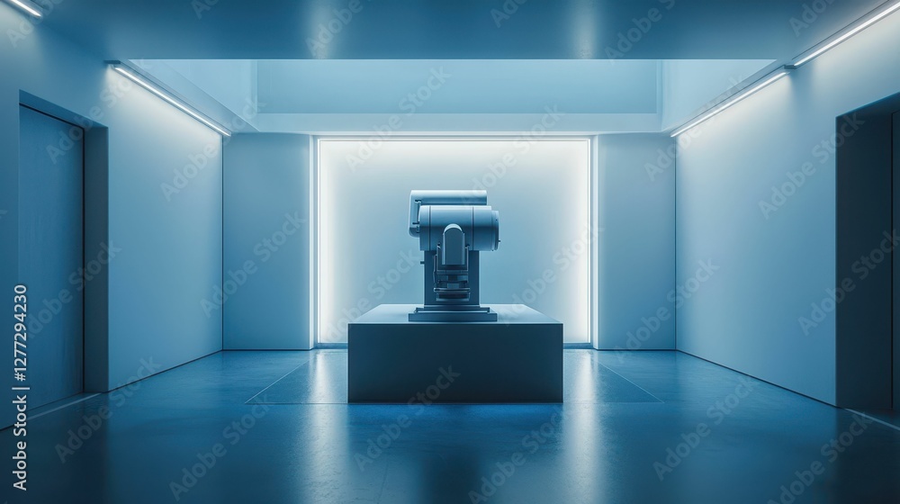 Poster futuristic robotic arm on display in modern gallery setting
