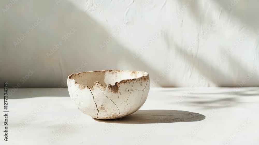 Poster rustic white bowl with cracks on simple surface and soft shadows