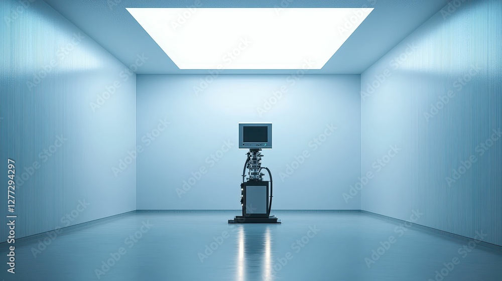 Poster futuristic room with isolated computer on stand in minimalist space