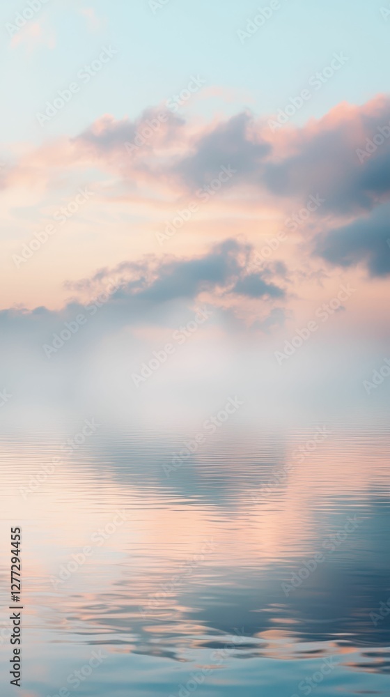 Poster serene twilight reflection on calm water surface with soft clouds