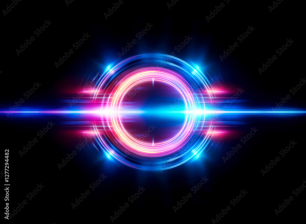 Poster a luminous circle with radiant pink and blue light dominates a stark black backdrop. bright beams em