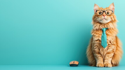 Playful cat in glasses and tie with a turquoise background.