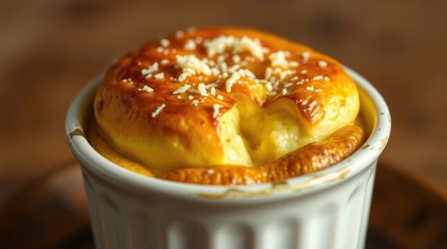 Delicious, golden souffle topped with cheese in a white ramekin, a perfect dessert indulgence.
