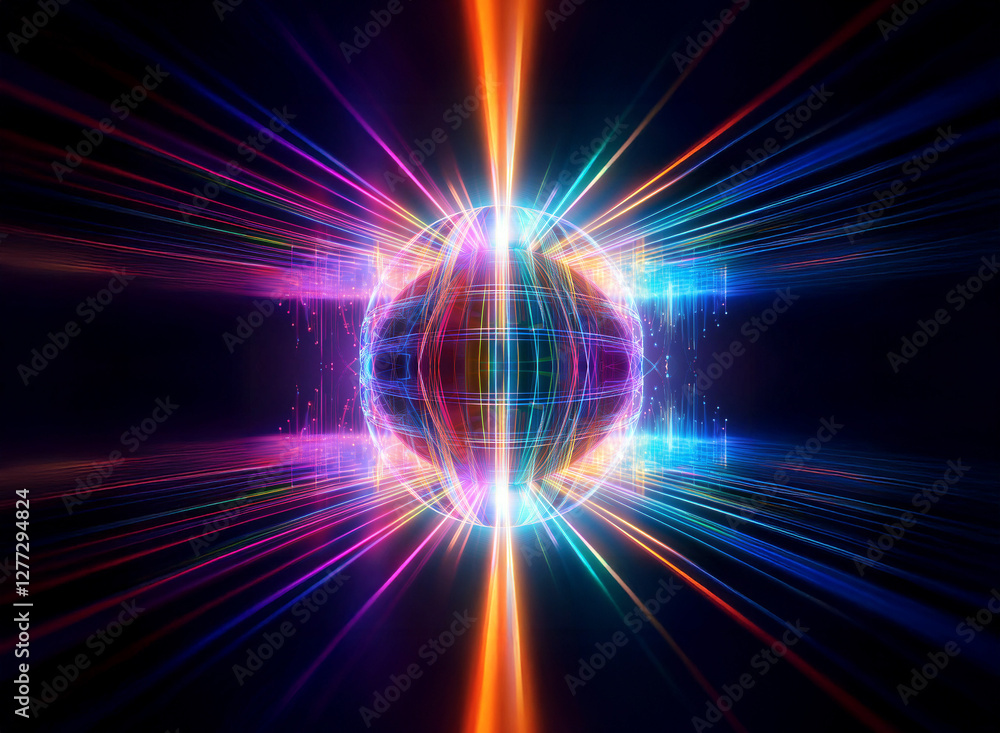 Poster an abstract sphere emits vibrant rays of light, showcasing a futuristic and energetic design against