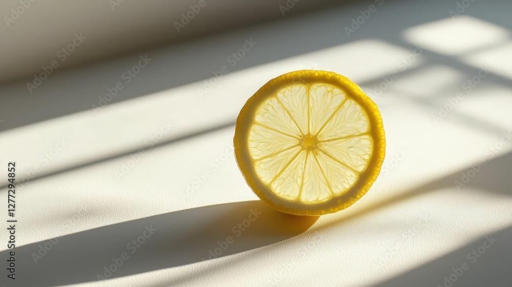 Poster fresh lemon slice on light background with soft shadow play