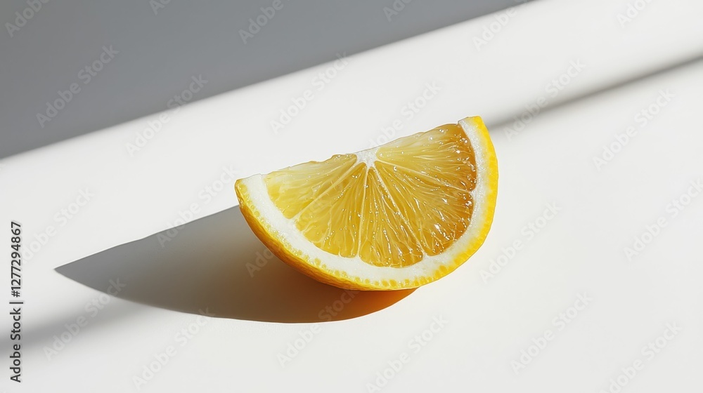 Aufkleber fresh lemon slice on minimal white surface with soft shadows