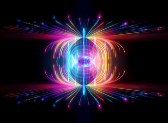 Obraz premium Vibrant neon lights burst from a glowing central sphere, creating an abstract and energetic display. Colorful trails radiate outwards against a stark black backdrop.